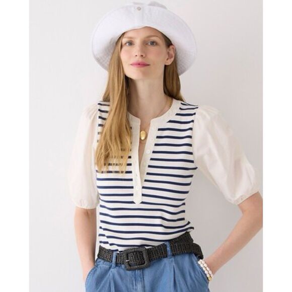 J.CREW Tops - J. Crew Ribbed Puff Sleeve Henley Top Button Front Navy White Striped, SZ M, NWT
